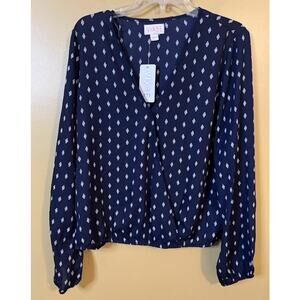 Vixbe Tamils‎ Navy Print Long Sleeve Surplice Blouse Size Large NWT